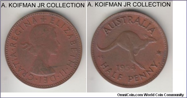 KM-49, 1954 Australia half penny, Perth mint (dot after PENNY); bronze, plain edge; Elizabeth II, brown good extra fine, obverse flan defect.