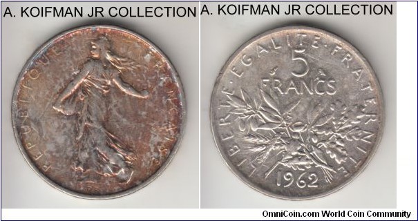 KM-926, 1962 France 5 francs; silver, raised lettered edge; circulation coinage, good extra fine to almost uncirculated, darker toning from storage on obverse.