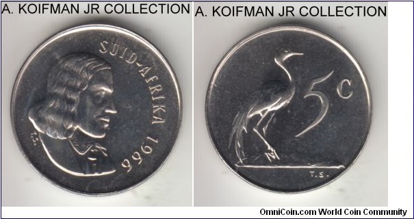 KM-67.2, 1966 South Africa (Republic) 5 cents; proof, nickel, plain edge; early Republican issue, Afrikaans legend SUID AFRIKA, mintage 25,000 in proof sets, average proof.