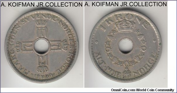 KM-385, 1949 Norway krone; copper nickel, holed flan, plain edge; Haakon VII, good very fine or so.