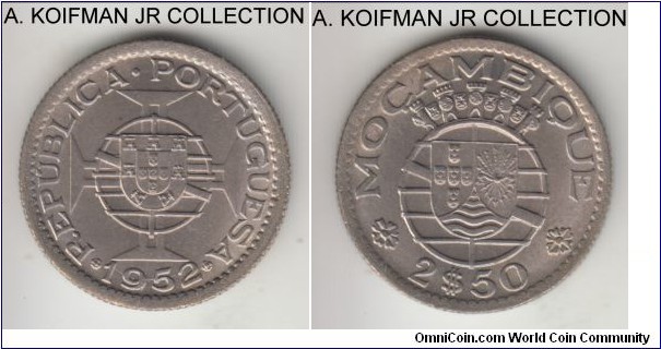 KM-78, 1952 Portuguese Mozambique (Colony) 2.5 escudos;  copper-nickel, reeded edge; Portuguese coloonial issue, first year of the type, nice choice to gem uncirculated.