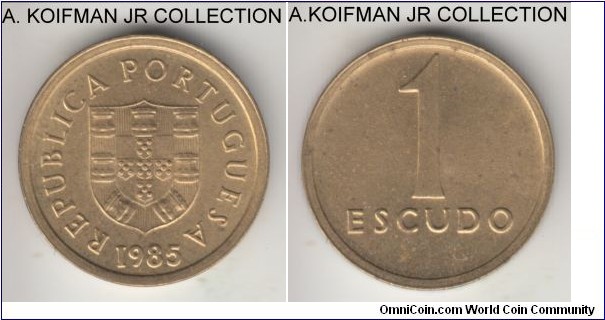 KM-631, 1985 Portugal escudo; nickel-brass, reeded edge; common last pre-euro type, some minor toning on this light uncirculated coin.