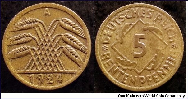 Germany (Weimar Republic) 5 rentenpfennig. 1924 A