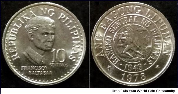 Philippines 10 sentimos. 1978, Cu-ni.