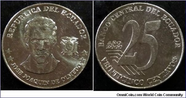 Ecuador 25 centavos.
2000, Stainless steel (II)