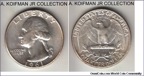 KM-164, 1961 United States of America 25 cents; silver, reeded edge; uncirculated, light overall toning.