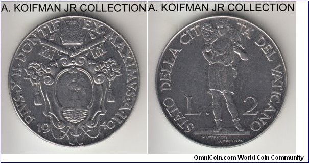 KM-27a, 1941 Vatican 2 lire; stainless steel, reeded edge; Year II of Pius XII, good uncirculated, not common with mintage of 40,000.