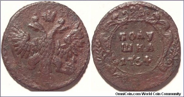 AE Polushka (1/4 kopeck) 1754, Moscow Mint with the Ekaterinburg obverse.