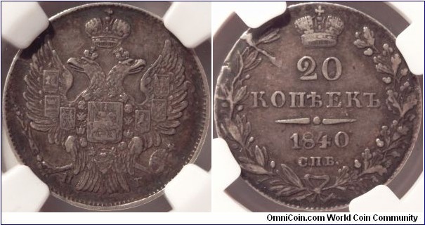 AR 20 kopeck 1840 SPB-NG, NGC XF-45.