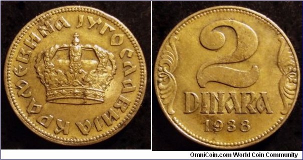 Yugoslavia 2 dinara.
1938, Large crown variety.