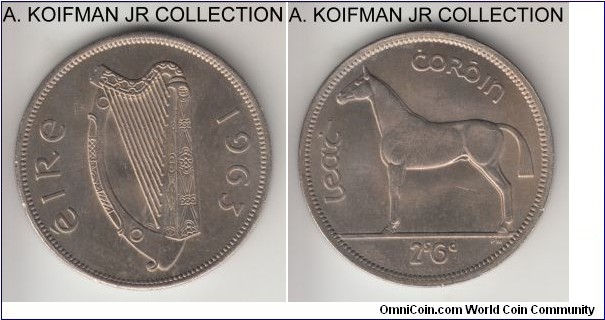 KM-16a, 1963 Ireland 1/2 crown; copper-nickel, reeded edge; nice uncirculated specimen from green mint set.