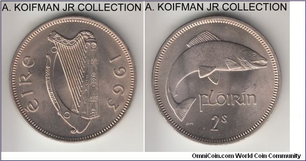 KM-15a, 1963 Ireland florin (2 shillings); copper-nickel, reeded edge; good choice uncirculated from original green mint set.
