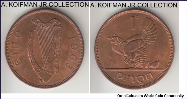 KM-11, 1963 Ireland penny; bronze, plain edge; common year, red brown choice uncirculated.