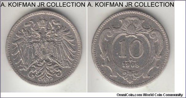 KM-2802, 1908 Austria (Empire) 10 heller; nickel, reeded edge; Franz Joseph I, extra fine or better details, cleaned.