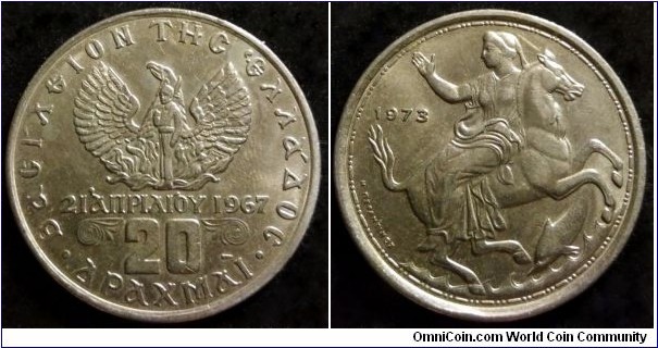 Greece 20 drachmai.
1973, Constantine II. Regime of the Colonels. (IV)