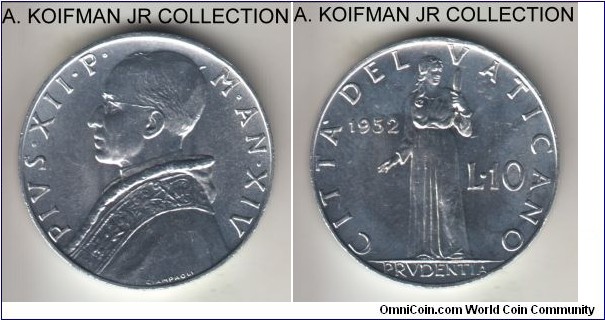 KM-52.1, 1952 Vatican 5 lire; aluminum, plain edge; Pius XII year XIV, brilliant uncirculated.