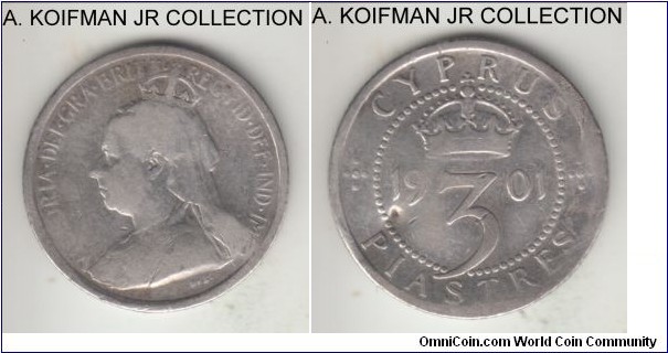 KM-4, 1901 Cyprus 3 piastres; silver, reeded edge; Victoria, groat (4-pence) equivalent was minted 1 year, good details, cleaned, bent and some flan damage.