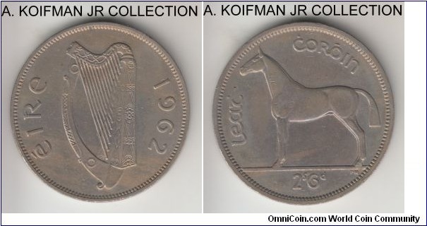 KM-16a, 1962 Ireland 1/2 crown; copper-nickel, reeded edge; average uncirculated or almost, toned and slight center reverse discoloration.