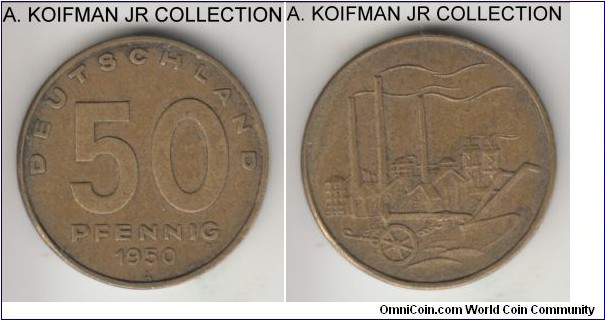 KM-4, 1950 Germany (East) 50 pfennig, Berlin mint (A mint mark); aluminum-bronze, ornamented edge; first post-war issue, good very fine, reverse is especially good.