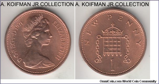 KM-915, 1971 Great Britain new penny; bronze, plain edge; Elizabeth II, red uncirculated from the BU set, small reverse spot.