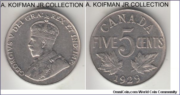 KM-29, 1929 Canada 5 cents; nickel, plain edge; George V, very fine or better.