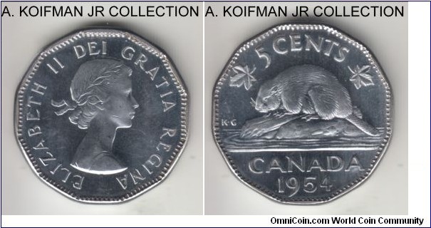 KM-50, 1954 Canada 5 cents; chromium plated steel, 12-sided flan, plain edge; Elizabeth II, almost uncirculated specimen with light cameo from the proof like set.