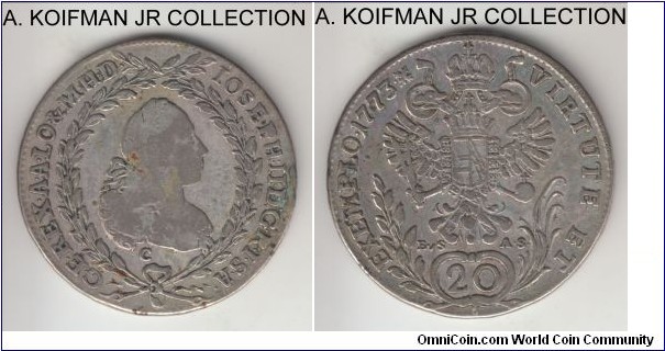 KM-2067.1, 1773 Austria 20 kreuzer, Prague mint (C mint mark); silver, corded edge; Joseph II, decent very fine or so details, ex-jewelry, loop removed.