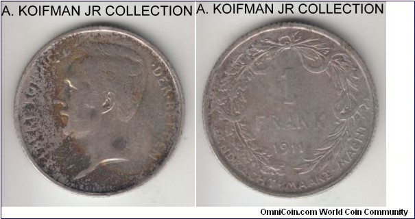 KM-73.1, 1911 Belgium franc; silver, reeded edge; Albert, DER BELGEN Dutch legend, average circulated, uneven toning.