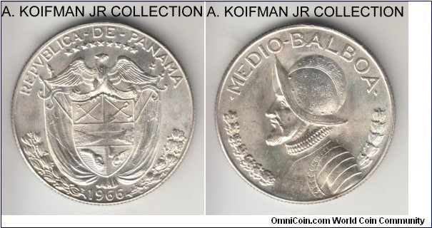 KM-12a.1, 1966 Panama 1/2 balboa; silver, reeded edge; last type of the silver half balboas, brilliant uncirculated.