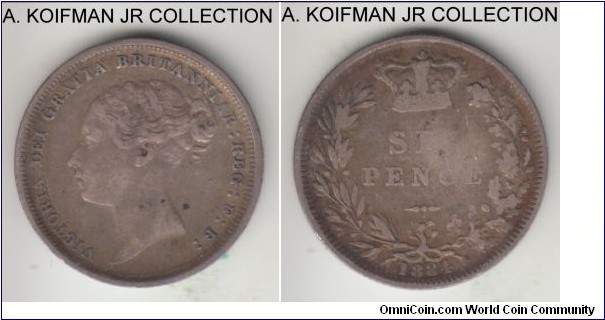KM-757, 1884 Great Britain 6 pence; silver, reeded edge; Victoria, scarcer year, better obverse, very fine or so, but reverse is more worn.