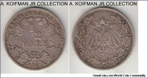 KM-17, 1909 Germany (Empire) 1/2 mark, Hamburg mint (J mint mark); silver, reeded edge; Wilhelm II, scarce mintage year/mintmark, very fine or so.