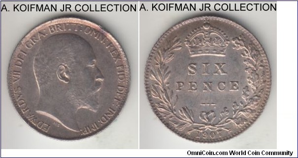 KM-799, 1907 Great Britain 6 pence; silver, reeded edge; Edward VII, good extra fine to almost uncirculated, a small flan defect or rim crimp/knock.