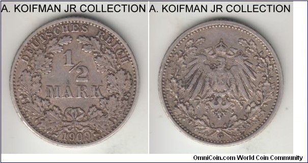 KM-17, 1909 Germany (Empire) 1/2 mark, Karlsruhe mint (G mint mark); silver, reeded edge; Wilhelm II, scarce mintage year/mintmark, very fine or so.