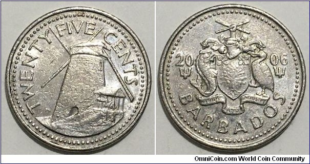 25 Cents (Commonwealth - Barbados State / Queen Elizabeth II // Copper-Nickel)