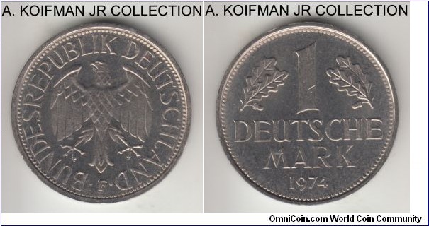 KM-110, 1974 Germany (Federal Republic) mark, Shtuttgart mint (F mint mark); copper-nickel, ornamented edge; circulation issue, from mint set judging by the proof like appearance, uncirculated.