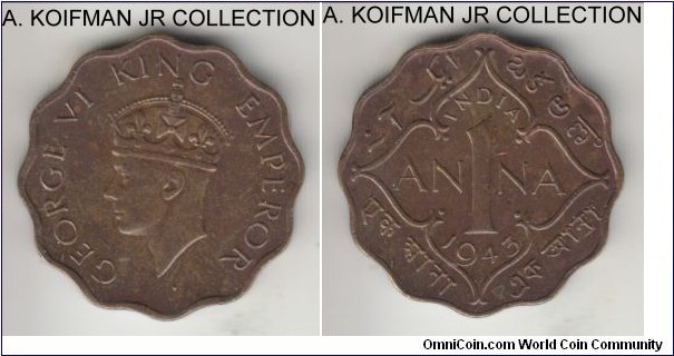 KM-537a, 1943 British India anna, Bombay mint (dot under bust on obverse); nickel-brass, scalloped flan, plain edge; George VI, about extra fine details, toning is a bit unusual, may be artificial.