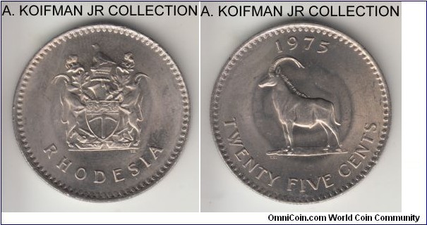 KM-16, 1975 Rhodesia 25 cents; copper-nickel, reeded edge; late Republican coinage, 1-year type, straight edge variety, average uncirculated.