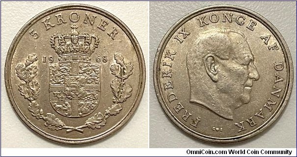 5 Kroner (Kingdom of Denmark / King Frederik IX // Copper-Nickel)