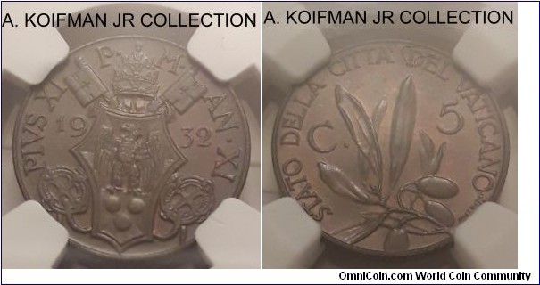 KM-1, 1932 vatican 5 centesimi; bronze, plain edge; Year VI of Pius XI, mintage 100,000, NGC graded MS 64 BN.