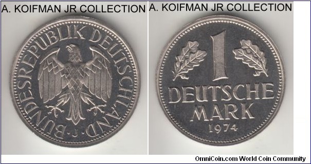 KM-110, 1974 Germany (Federal Republic) mark, Hamburg mint (J mint mark); copper-nickel, ornamented edge; gem proof like or proof.