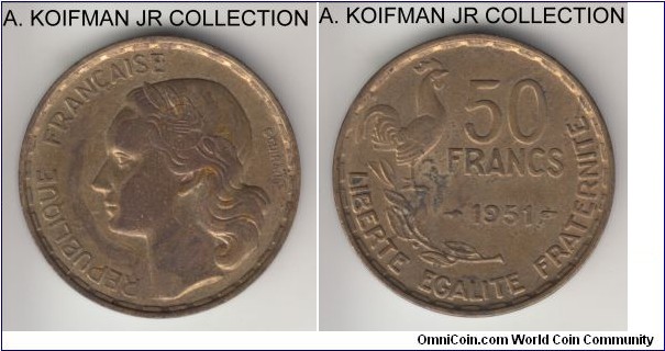 KM-918.1, 1951 France 50 francs; aluminum-bronze, plain edge; almost uncirculated details, toned and some discoloration.