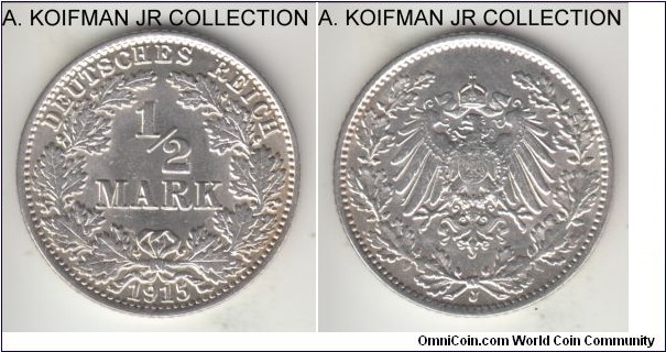 KM-17, 1915 Germany (Empire) half mark, Hamburg mint (J mint mark); silver, reeded edge; Wilhelm II, smallest mintage of the year, bright lustrous uncirculated.