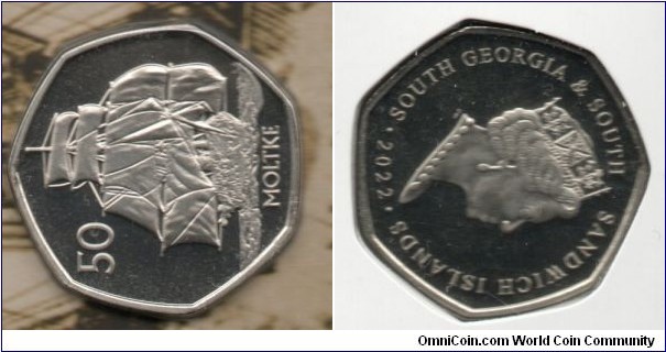  50p. SMS Moltke, 140th Anniversary of Arrival in South Georgia
