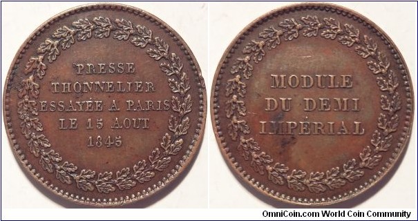 AE essay trial of the Thonnelier press conducted on 15 August 1845 in the size of a half imperial. EX: Gorny & Mosch GmbH # 173, Лот: 8668 https://www.m-dv.ru/catalog/p,1941/image.html