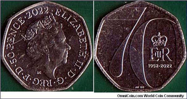 Great Britain 2022 50 Pence.

Queen Elizabeth II's Platinum Jubilee.

The first coin dated 2022 in my collection!