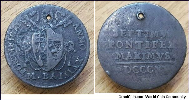 Papal States Mezzo 1-2 Baiocco Pius VII Holed