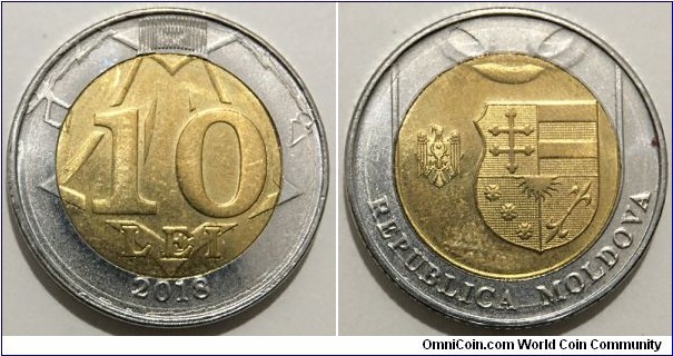 10 Lei (Republic of Moldova // Bimetallic: Brass plated Steel centre / Nickel plated Steel ring)