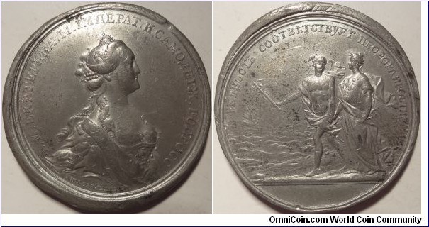 WM Medal for the Development of Agriculture. Obv. by Ivanow - Crowned bust of Catherine II. Rev. by Wächter - РЕВНОСТЬ СООТВЕТСТВУЕТ ПРОЗОРЛИВОСТИ (Diligence Corresponds with Sagacity) Mercury leading by the hand Agriculture with sheaf under her arm. Diakov 133.1
