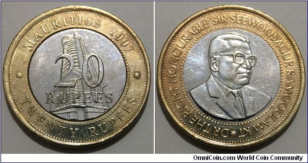 20 Rupees (Republic of Mauritius // Bimetallic: Copper-Nickel centre in Nickel Brass ring)