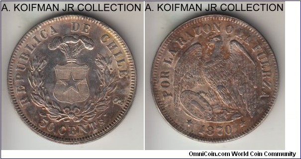 KM-139, 1870 Chile 50 centavos; silver, reeded edge; regular date, smaller mintage type, good very fine to extra fine.